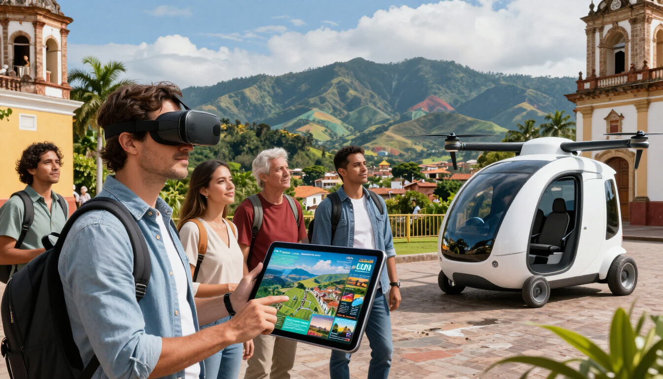 Los turistas observan un autobús autónomo con las montañas de fondo en una plaza soleada