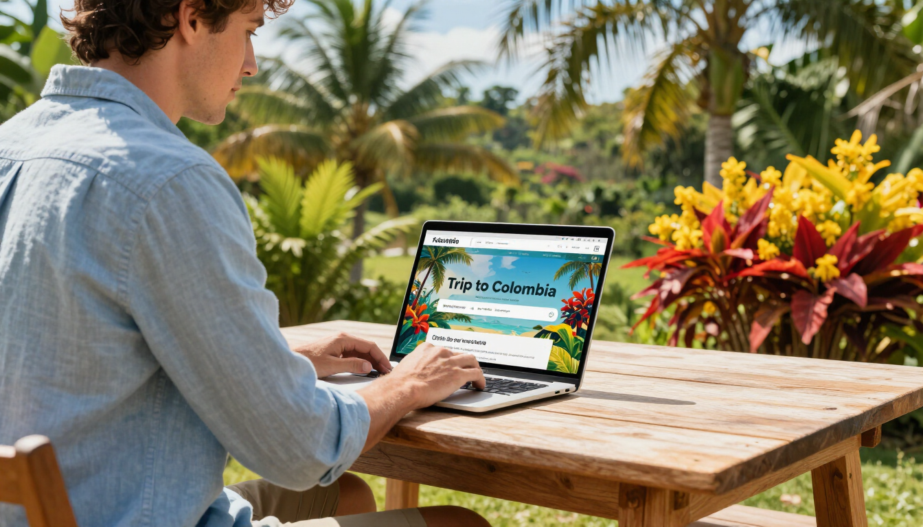 Una persona usando una computadora portátil en una mesa de madera en un jardín tropical, rodeada de exuberante vegetación y plantas coloridas.