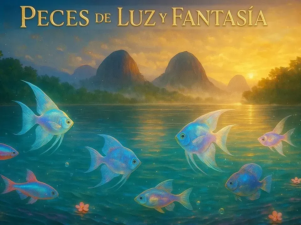 Peces de colores nadan en un mar resplandeciente al atardecer, con islas y el título «Peces de Luz y Fantasía»