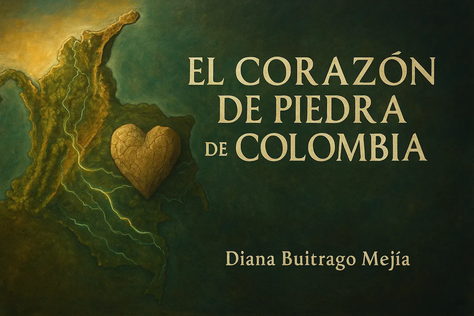 Portada del libro que dice «El corazón de piedra de Colombia», de Diana Buitrago Mejía, con un corazón dorado sobre fondo verde