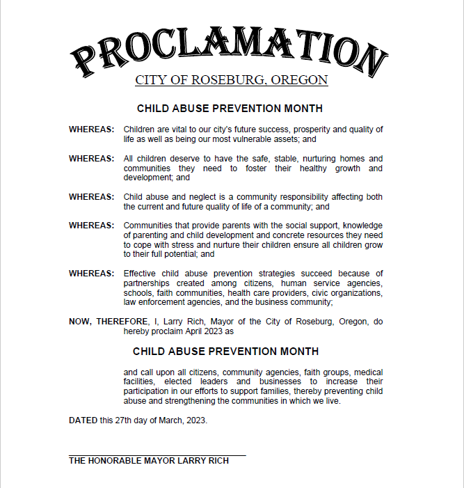 A proclamation from the city of roseburg oregon