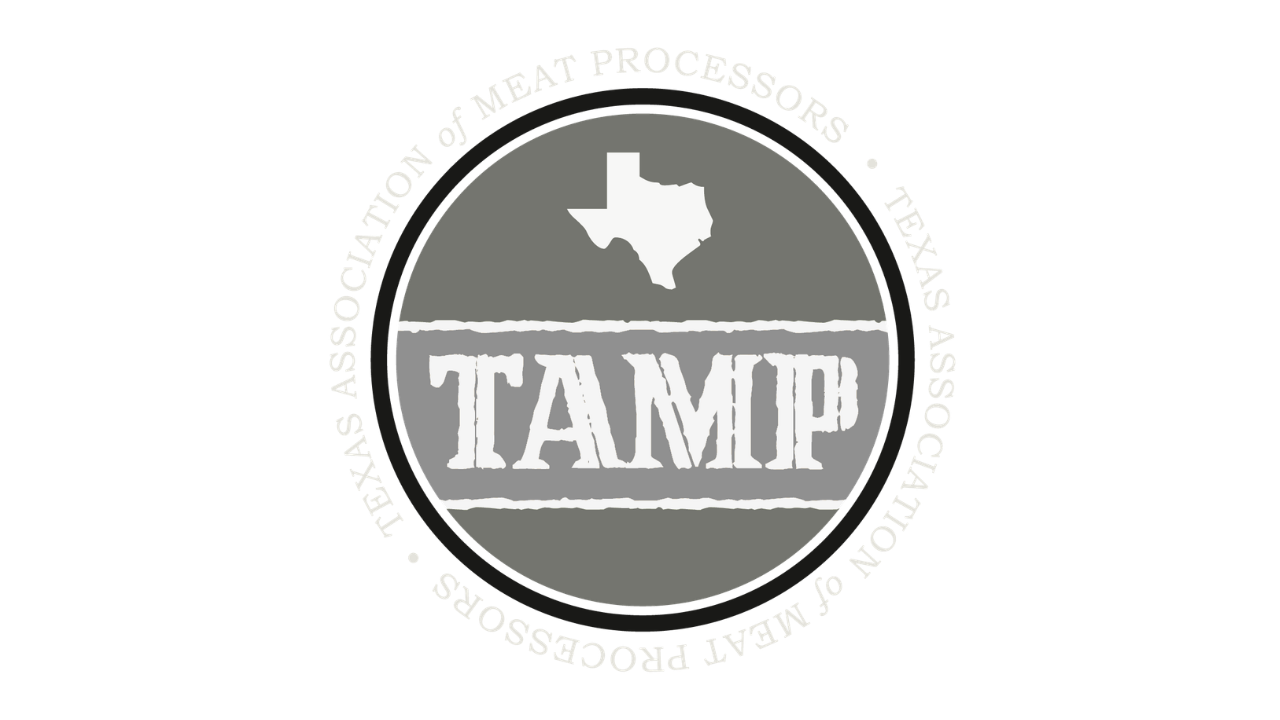 Circular gray TAMP logo with Texas silhouette above bold white text.