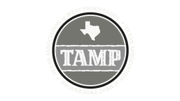 Circular gray TAMP logo with Texas silhouette above bold white text.
