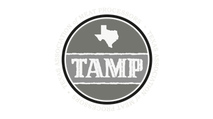 Circular Texas Association of Meat Processing logo with Texas silhouette on a gray background.