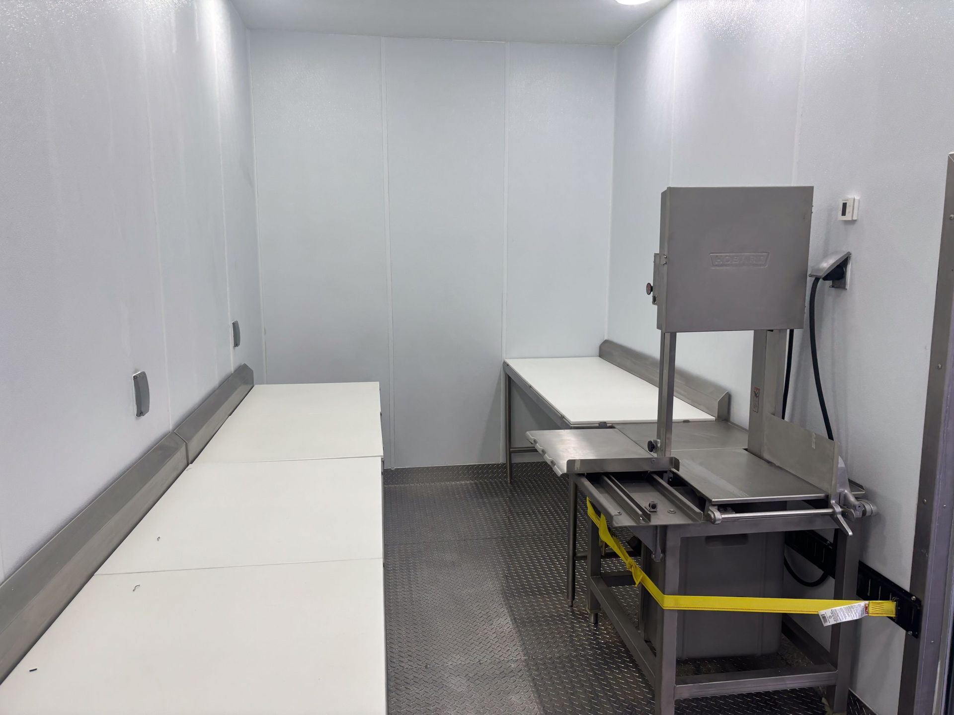 Interior of mobile slaughter trailer for ranchers, butchers, processing meat in trailer