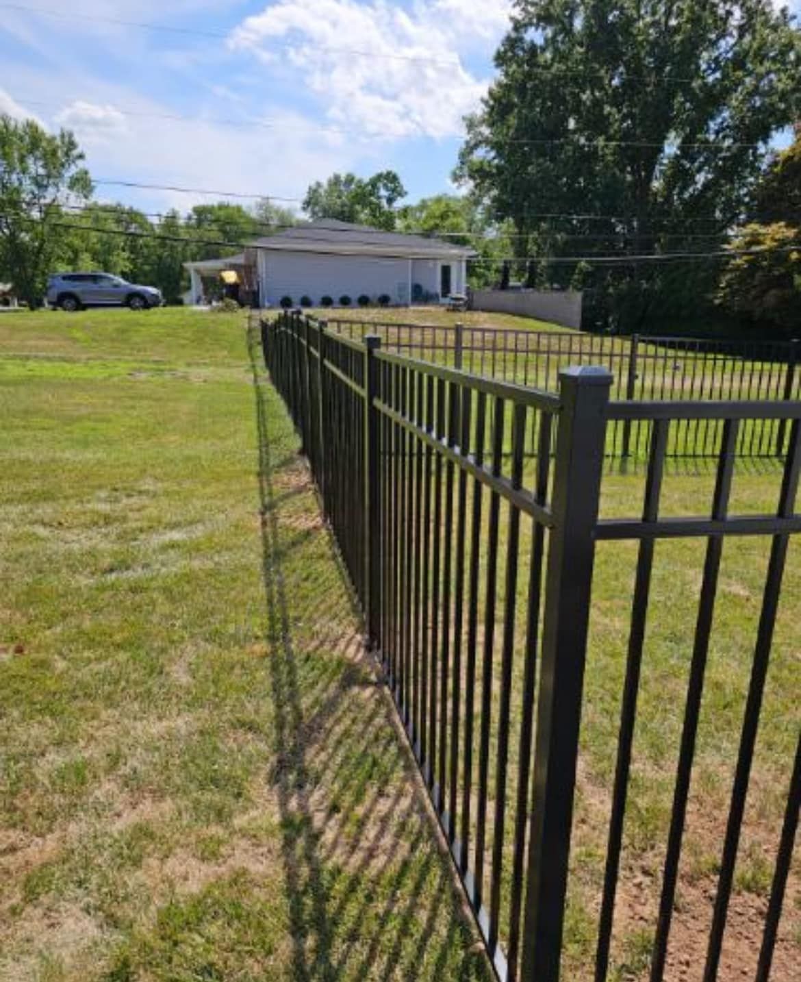 A man is standing in front of a wooden fence in a backyard.