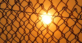 The sun is shining through a chain link fence.