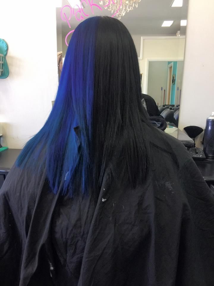 A Woman With Blue and Black Hair is Getting Her Hair Cut — Southside Hair & Beauty Design In South Tamworth, NSW