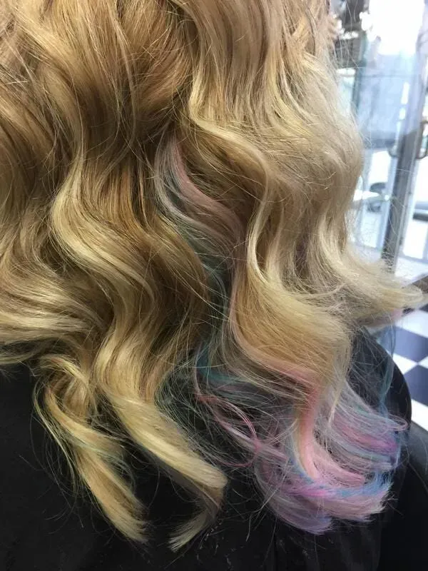 A Close Up of a Woman 's Blonde Hair With Blue and Pink Highlights — Southside Hair & Beauty Design In South Tamworth, NSW