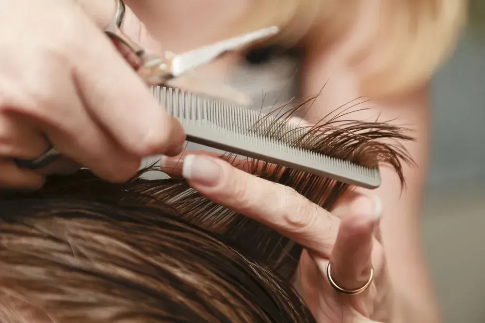 A Woman is Getting Her Hair Cut by a Hairdresser — Southside Hair & Beauty Design In South Tamworth, NSW A Woman is Getting Her Hair Cut by a Hairdresser — Southside Hair & Beauty Design In South Tamworth, NSW