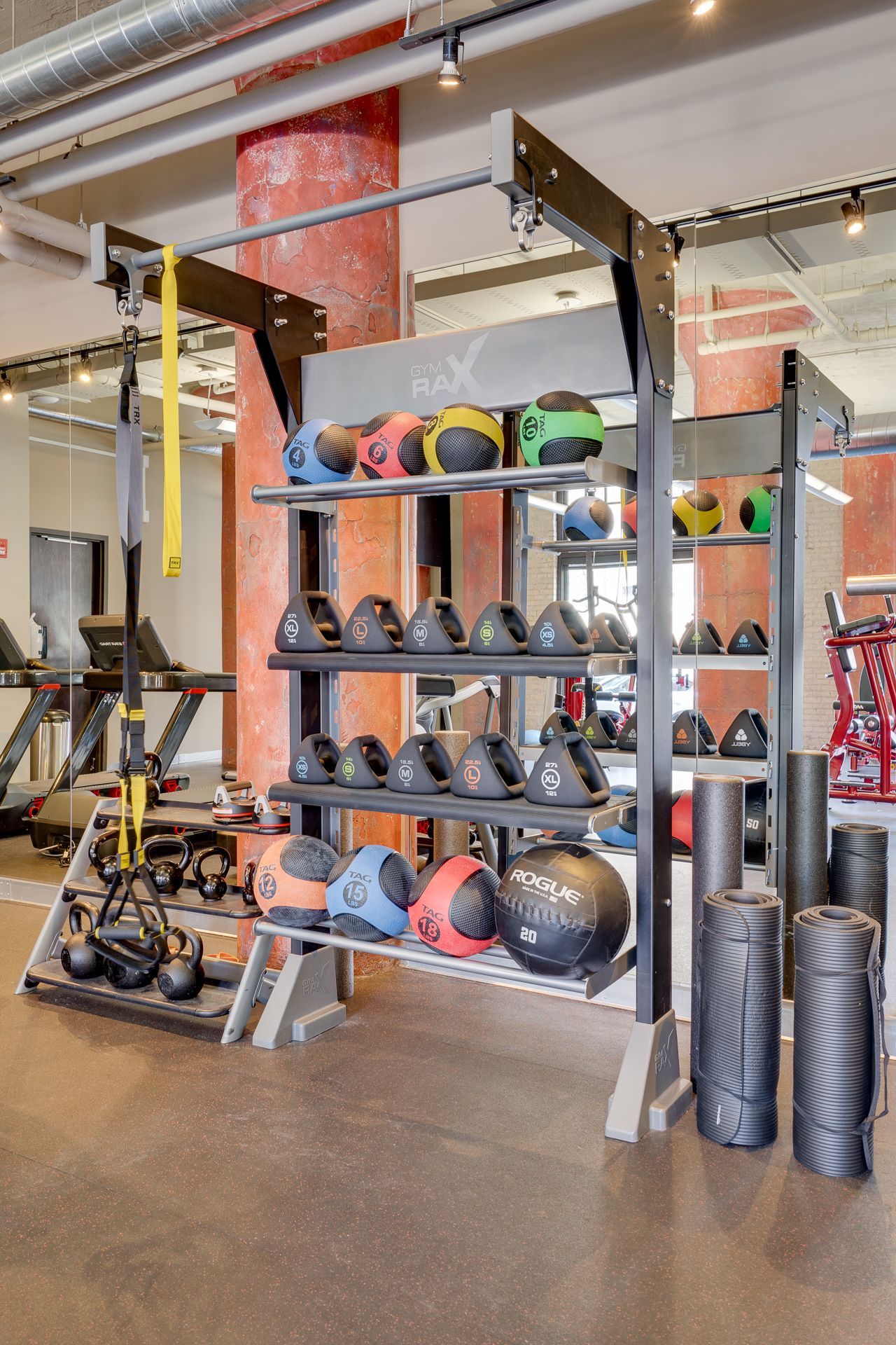 A gym storage rack filled with medicine balls, kettlebells, and foam rollers, with a TRX suspension trainer hanging nearby.