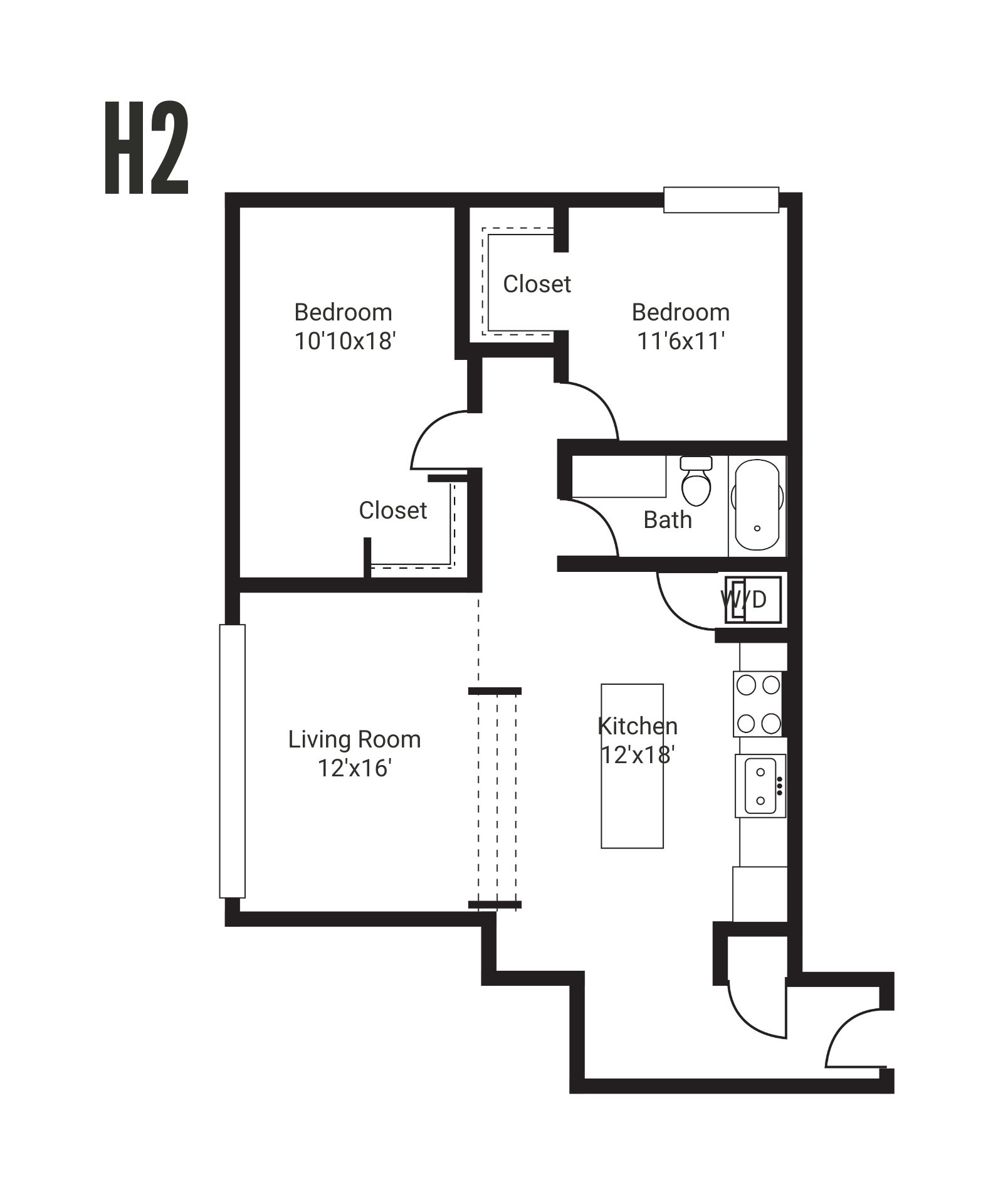 Floor plan of a one-bedroom apartment with kitchen, living room, bathroom, and bedroom, furnished in neutral tones.