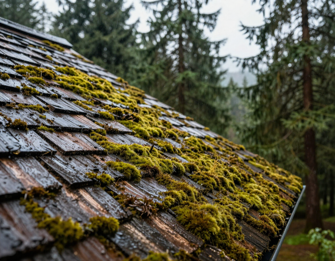 Moss-covered weathered roof on a Willamette Valley home