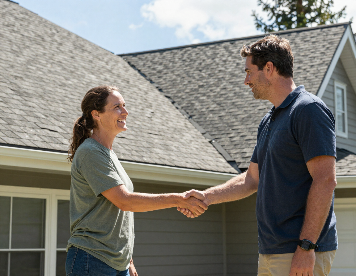 Salem homeowner shaking hands with Bravo Roofing consultant