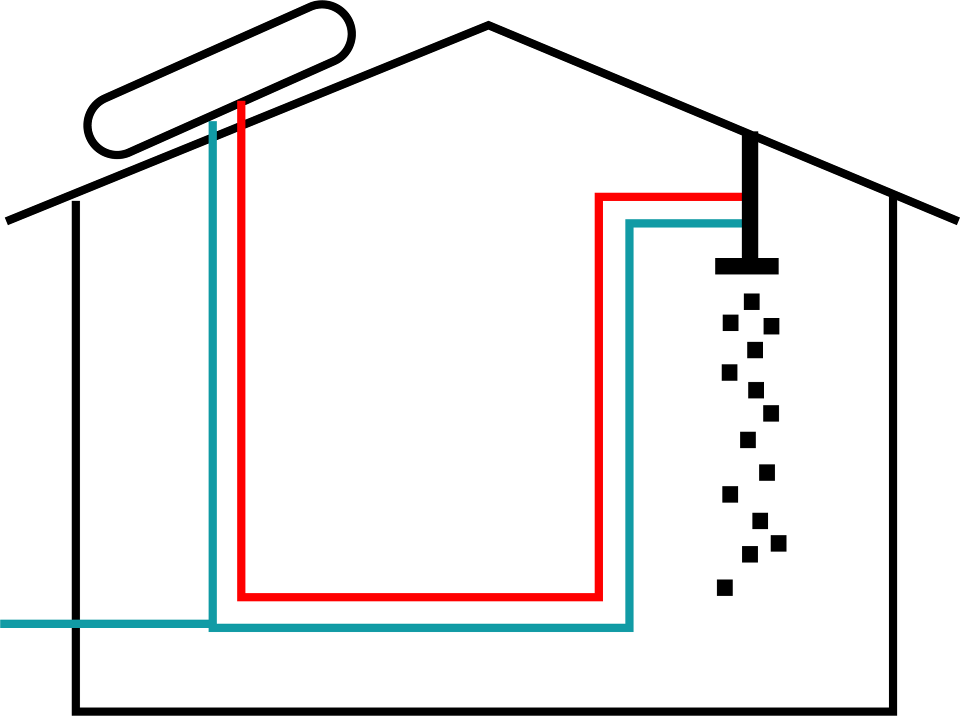 Un diagrama de una casa con ducha y un panel solar en el techo.