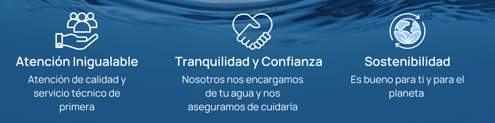 Un fondo azul con tres iconos y las palabras tranquilidad y confianza