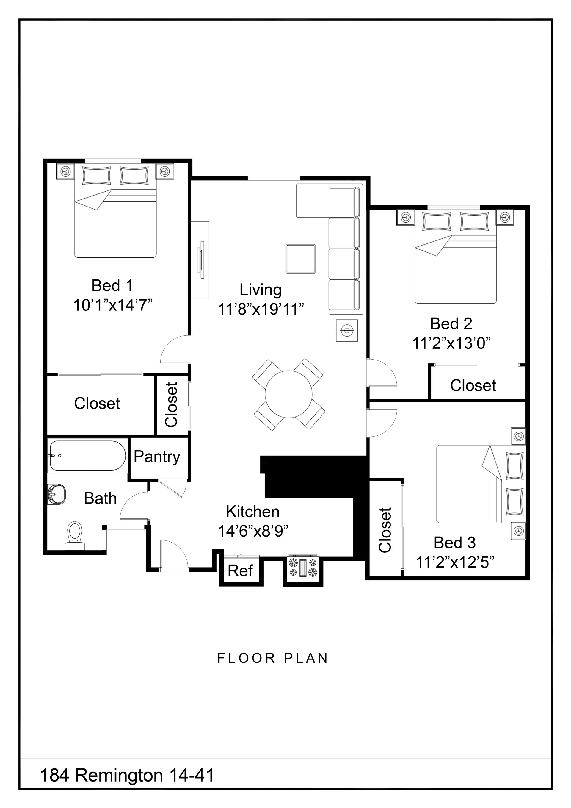 3 Bed, 1 Bath Floor Plan