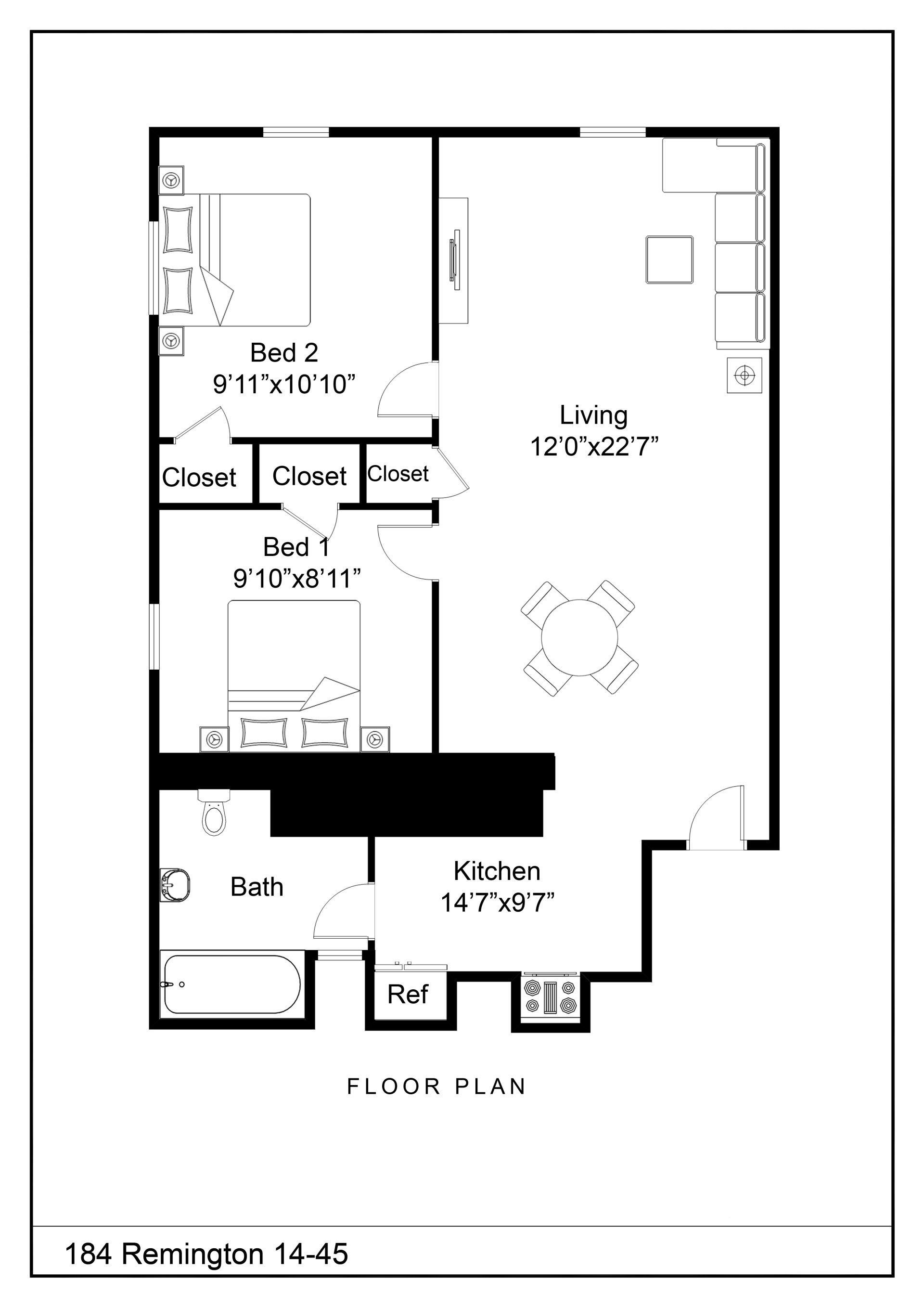 2 Bed, 1 Bath Floor Plan