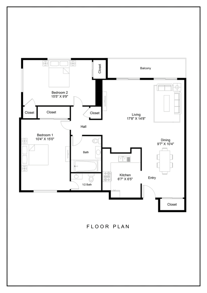 2 Bed, 1.5 Bath Floor Plan