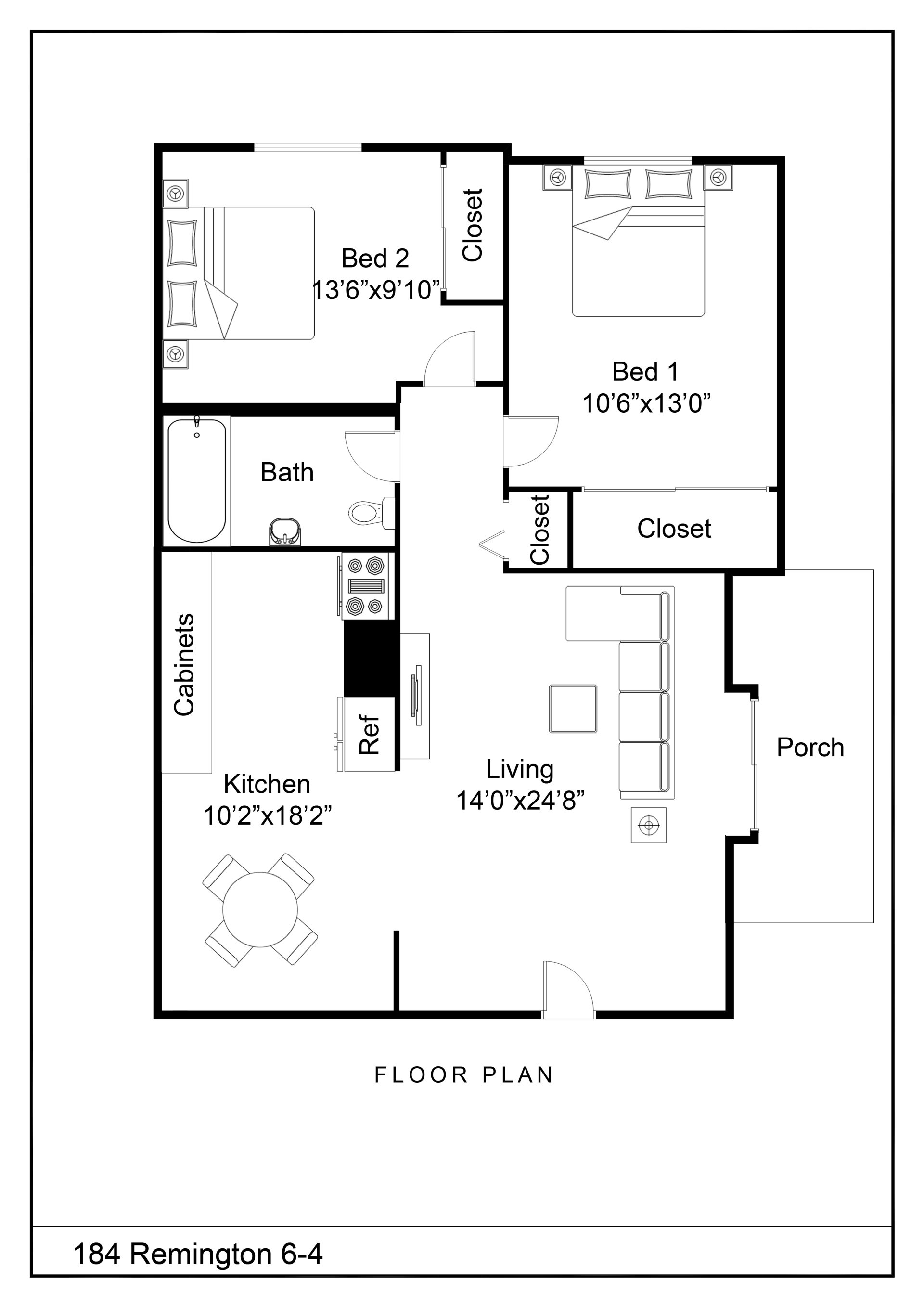 2 Bed, 1 Bath Floor Plan