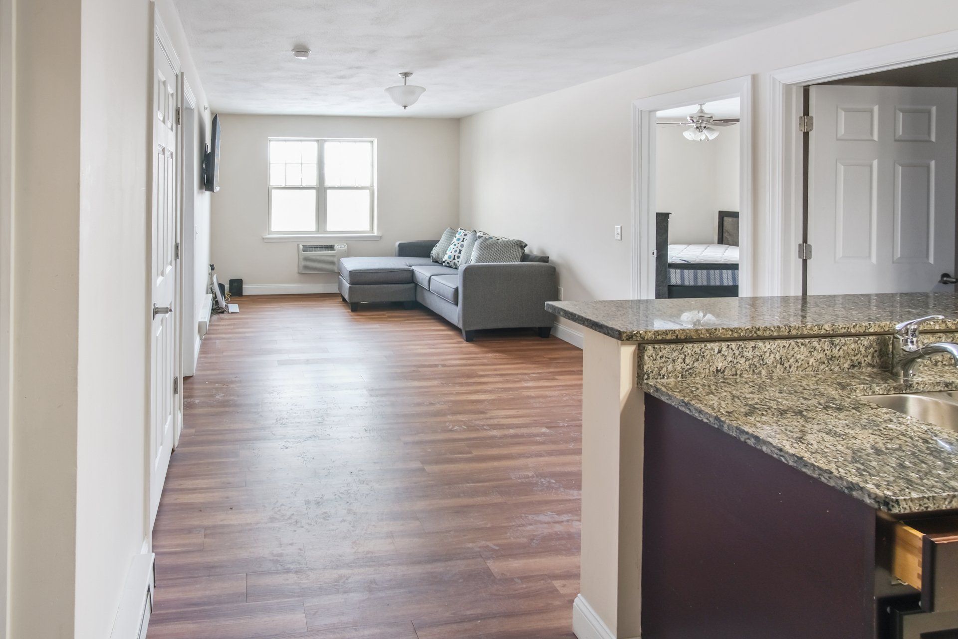 living room with hardwood floors and windows