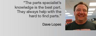 Quote about specialist parts knowledge, with a smiling man’s headshot on the right.
