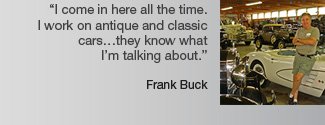 Man in a car showroom, leaning on a white classic car, with a quote about antique cars by Frank Buck.