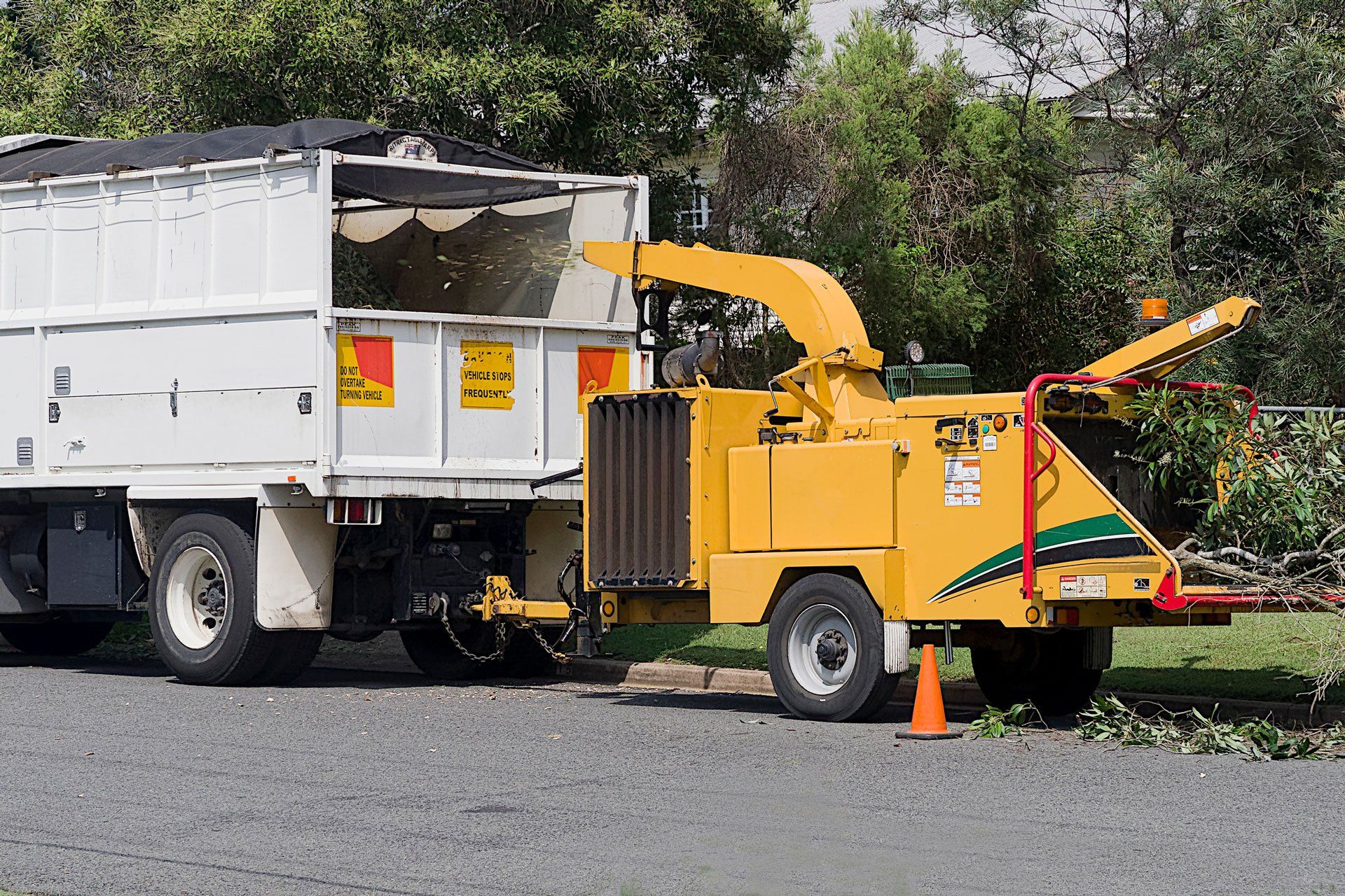 A picture containing two trucks and chipping the stem of tree | Bayswater, VIC | Woodstock Tree & Stump Removal
