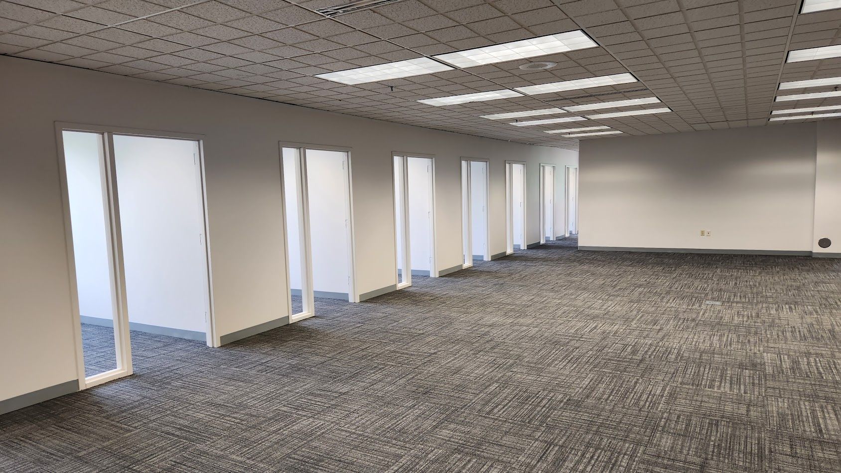 An empty office with a lot of windows and a carpeted floor.
