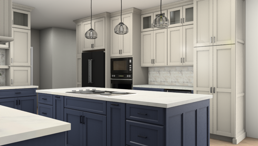 A 3D render of a kitchen with blue cabinets and white counter tops.