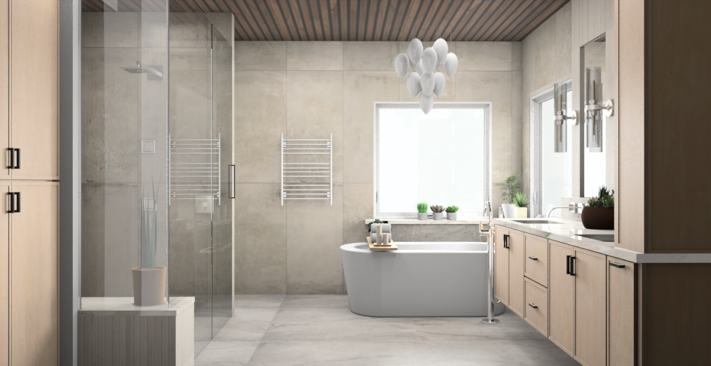 A 3D render of a bathroom with two sinks , a tub , and a large mirror.