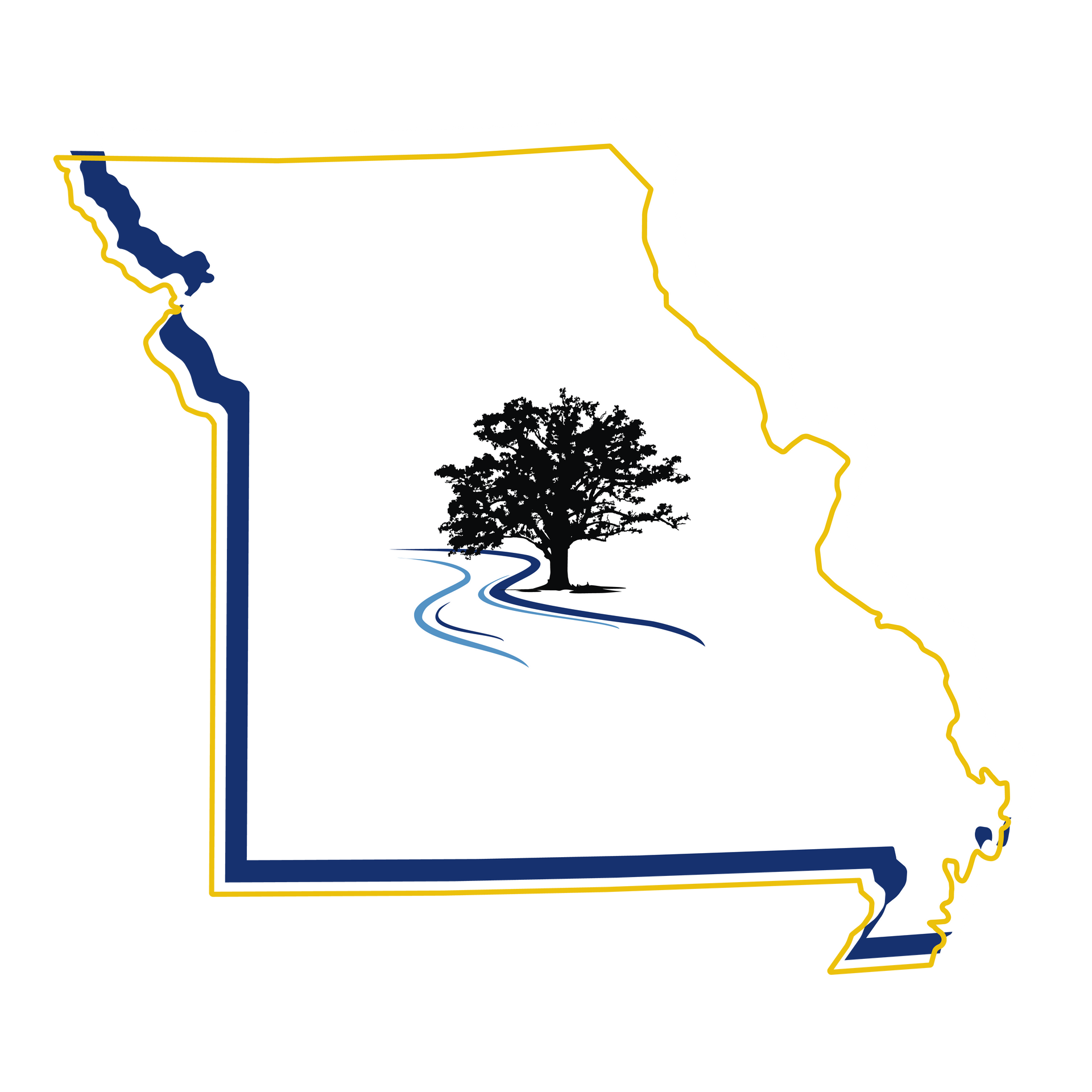 an outline of the state of Missouri with the River's Edge logo in the middle