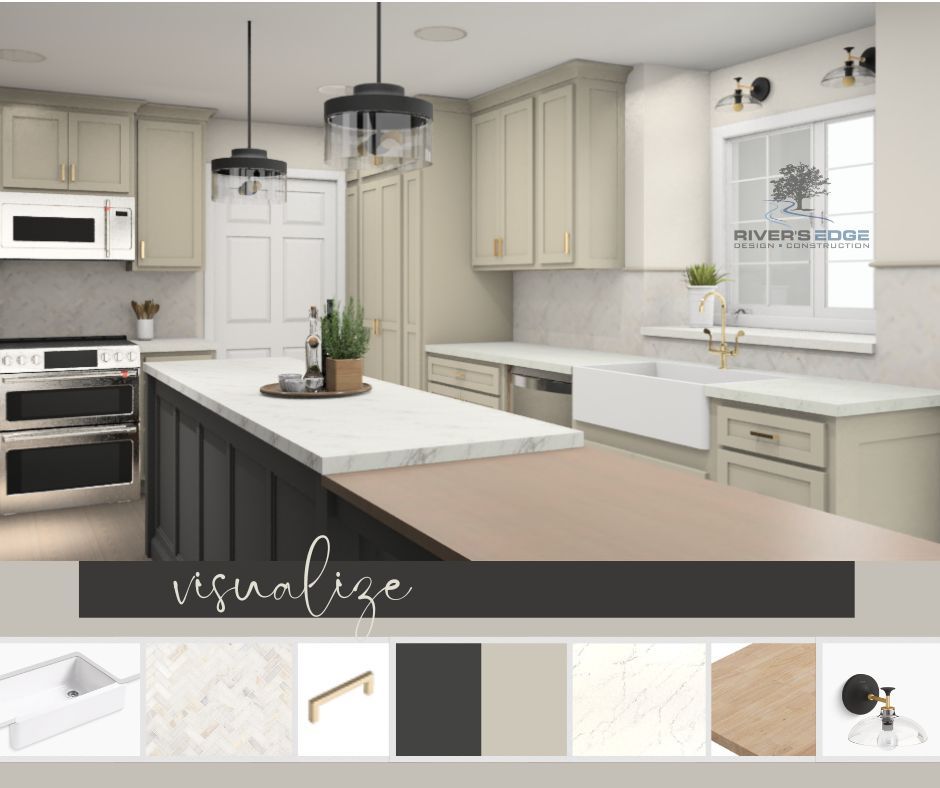 A 3D render of kitchen with a large island and a sink