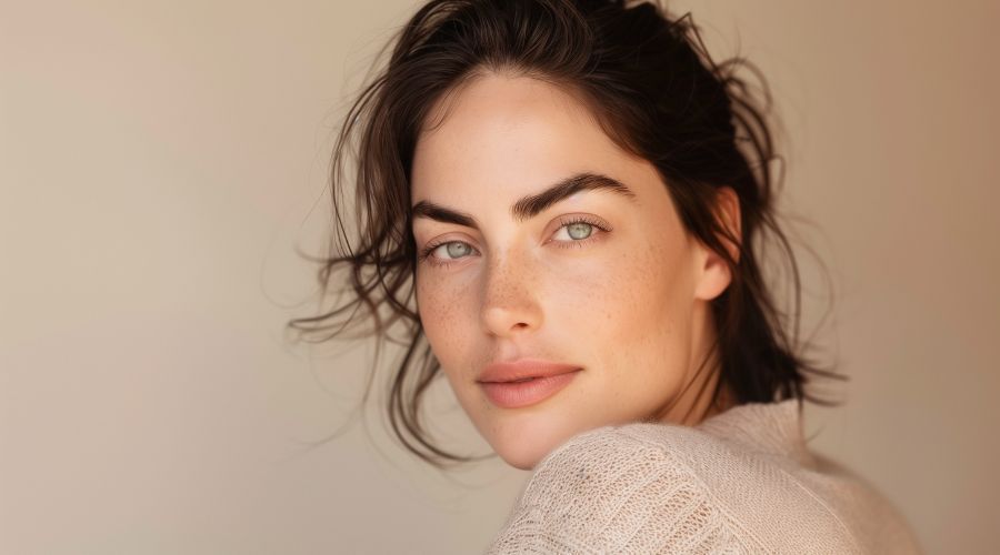 Woman with light eyes gazes over shoulder, wearing a light-colored sweater.