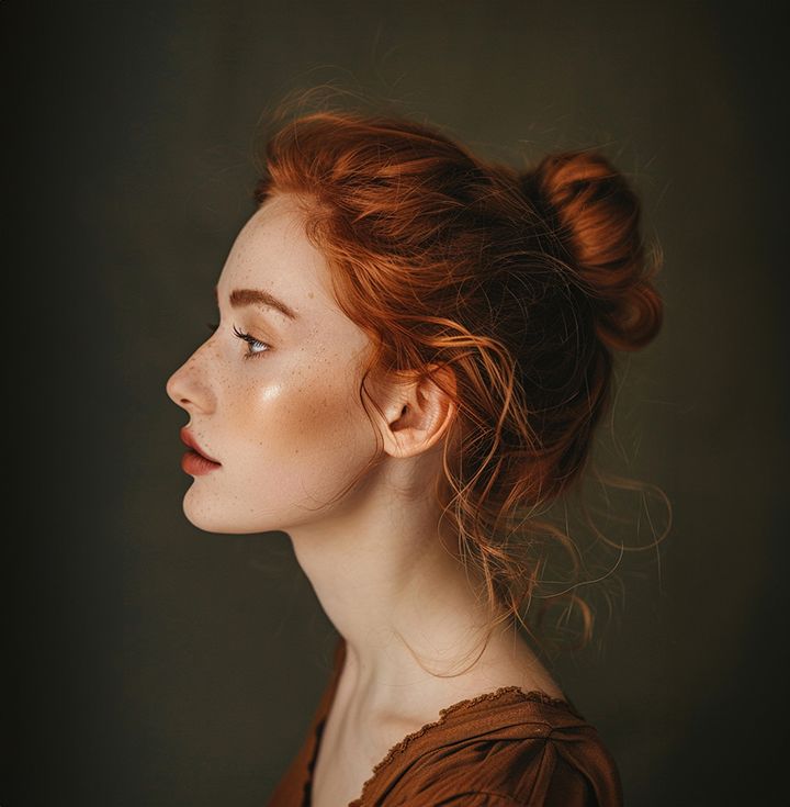 Woman with red hair in a bun, profile shot against a dark green background.