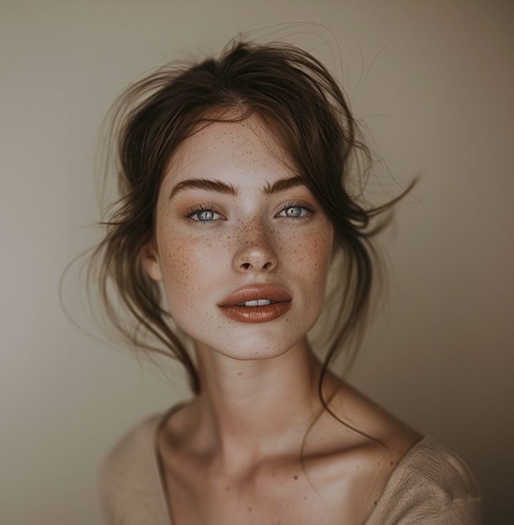 Woman with freckles and blue eyes, looking at the camera, light brown hair, neutral background, wearing a beige top.