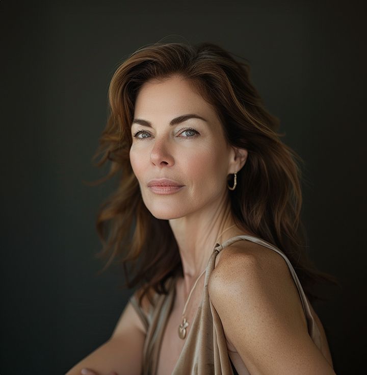 Woman with brown hair and fair skin looking directly at the camera, wearing a necklace and hoop earrings.