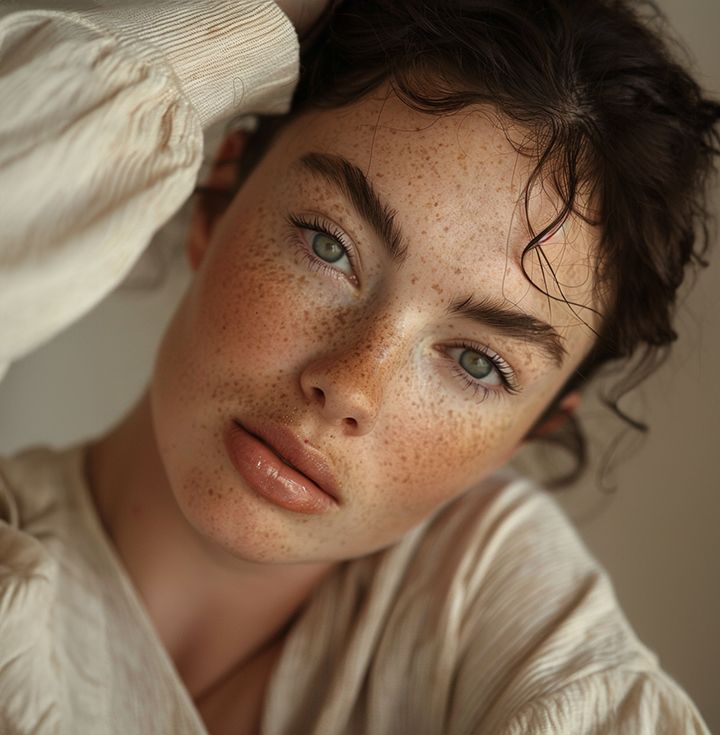 Woman with freckles gazing, soft lighting.