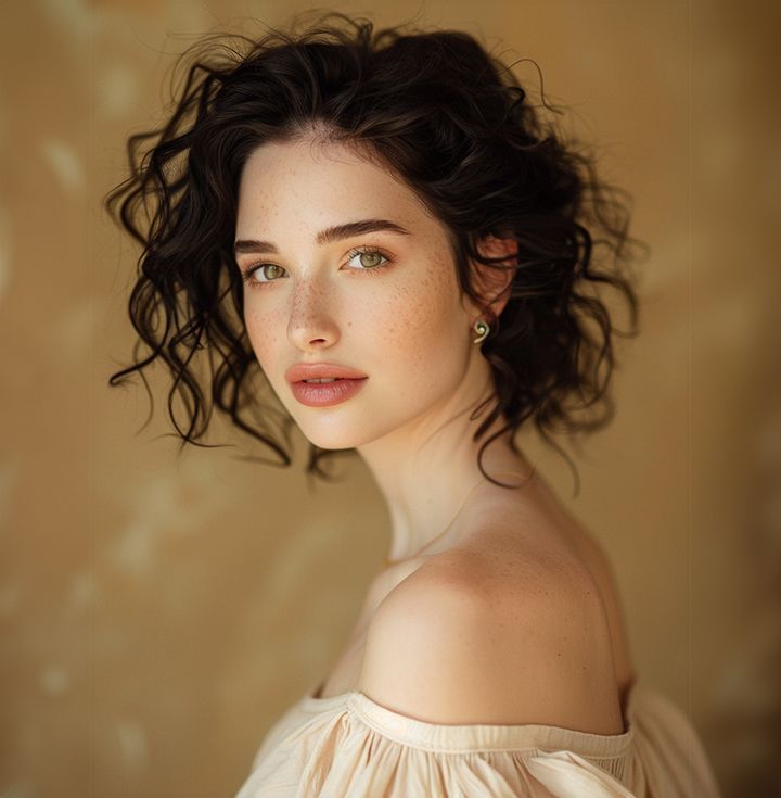 Woman with green eyes and freckles gazes at the camera.