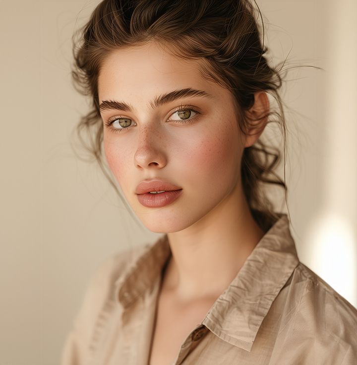 Woman with light brown hair, neutral makeup, and beige button-up shirt looking at the camera.