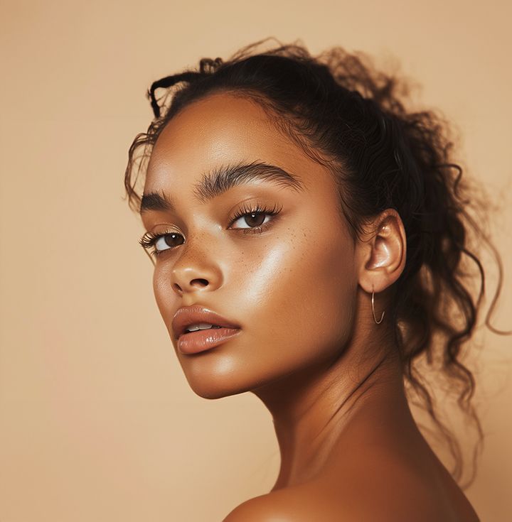 Woman with glowing skin and curly dark hair, looking towards the camera, against a neutral backdrop.