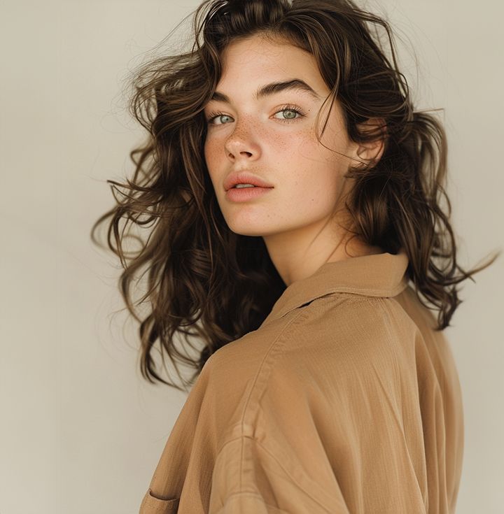 Woman with green eyes and freckles gazes at the camera.