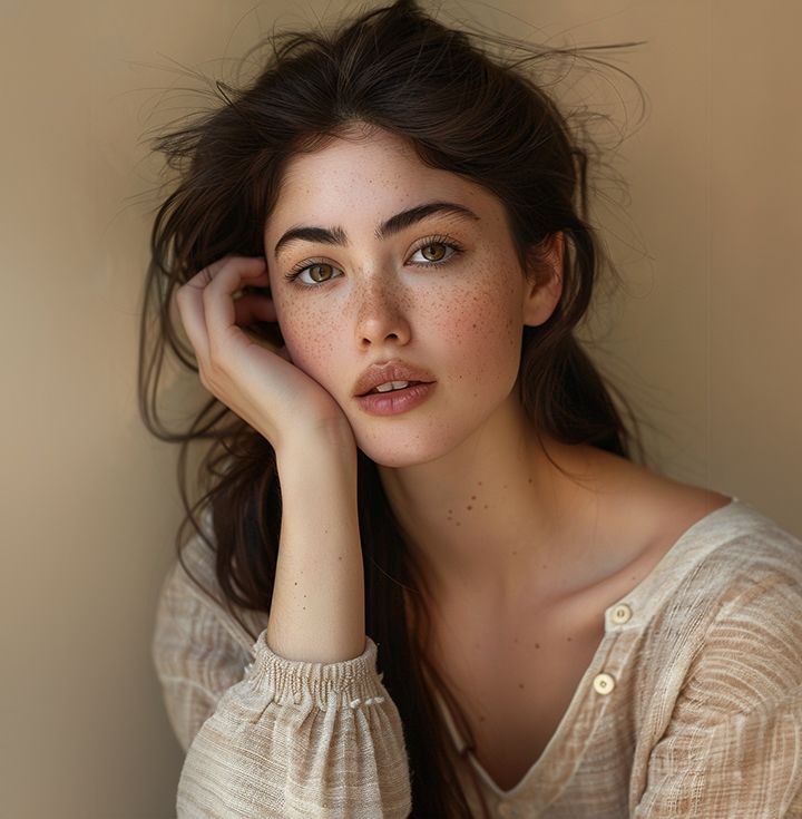 Woman with dark hair, freckles, and green eyes, resting her head on her hand, looking towards the camera.
