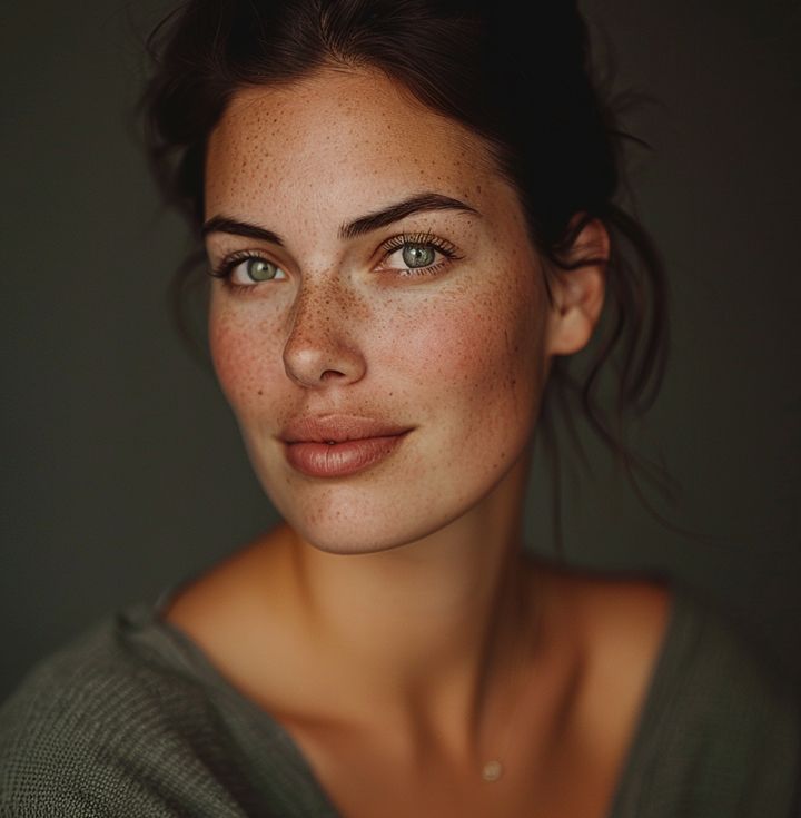 Woman with freckles and green eyes, wearing a green sweater, looking directly at the viewer.