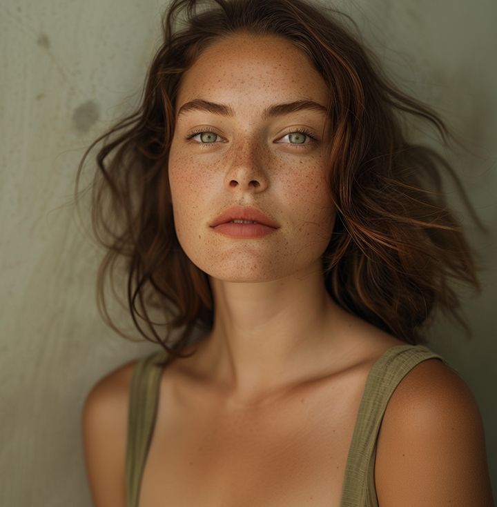 Woman with freckles and wavy brown hair gazes forward; olive tank top, neutral background.