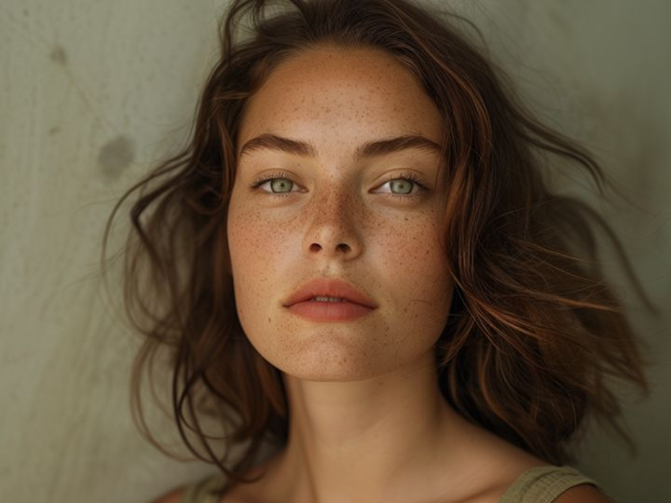 Close-up portrait of a woman with tousled brown hair and a neutral expression against a plain wall