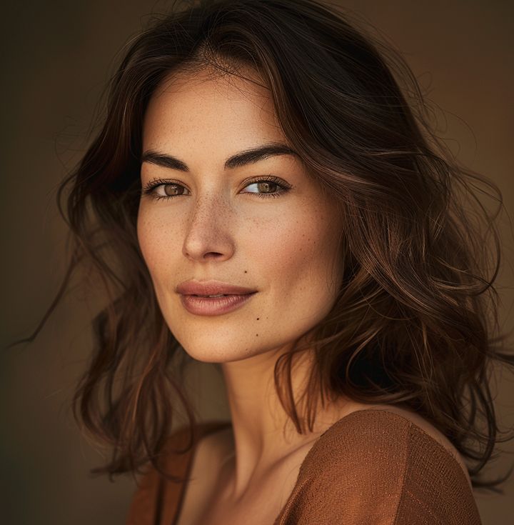 Woman with long, dark hair blowing. She wears a tan top and has freckles, looking over her shoulder.