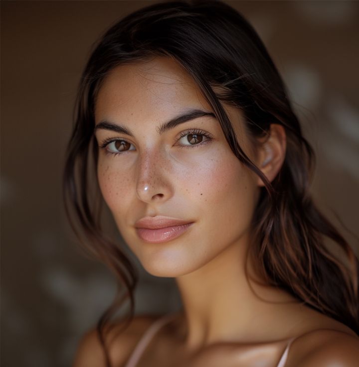 Woman with dark hair and light skin, looking at the viewer. She has a freckle on her nose.