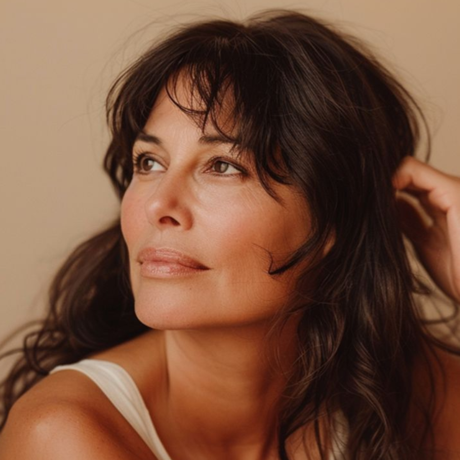 Woman with dark hair looking away, hand in hair, wearing white top, soft lighting.