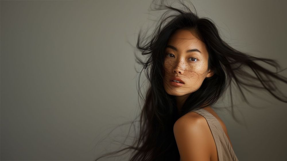 Woman with long dark hair and freckles looking over shoulder.